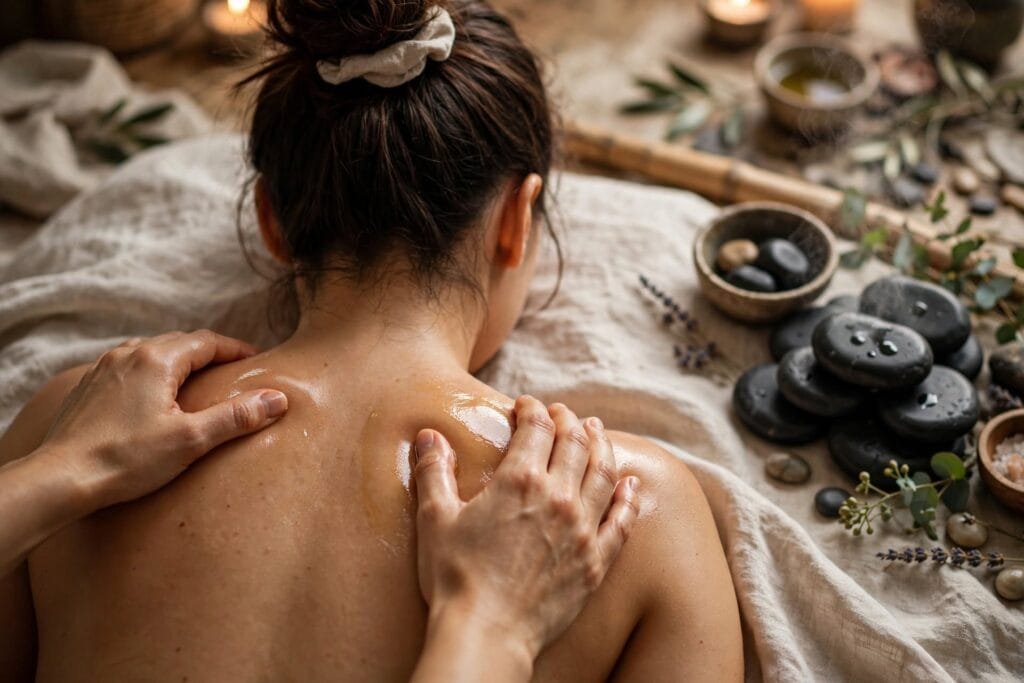 Massage bien-être du dos aux huiles avec pierres chaudes - détente et lâcher-prise C'Zennes